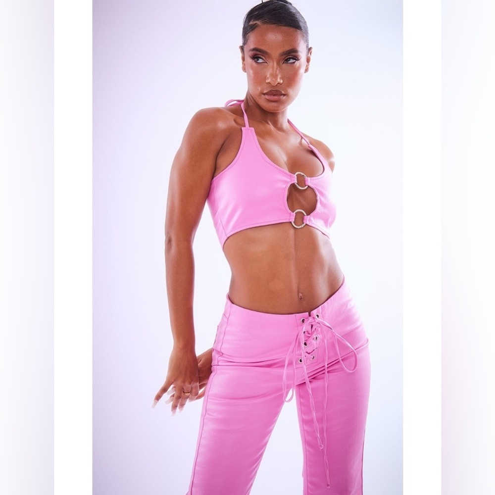 NWT PrettyLittleThing Pink Denim Bralette Ring Detail Coated Tie Neck Top US 12